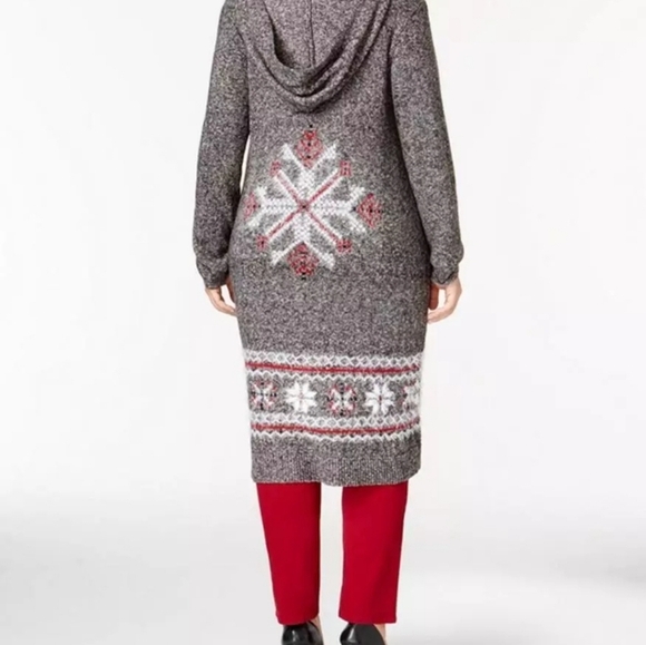 Style&co. Woman Long Grey Hooded Duster Snowflake Cardigan Nordic - Picture 3 of 8